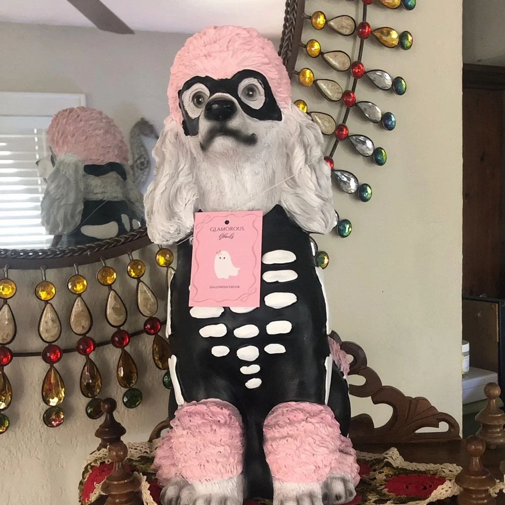 NWT Glamorous Ghouls Black and Pink Festive Poodle Skeleton Halloween Figurine